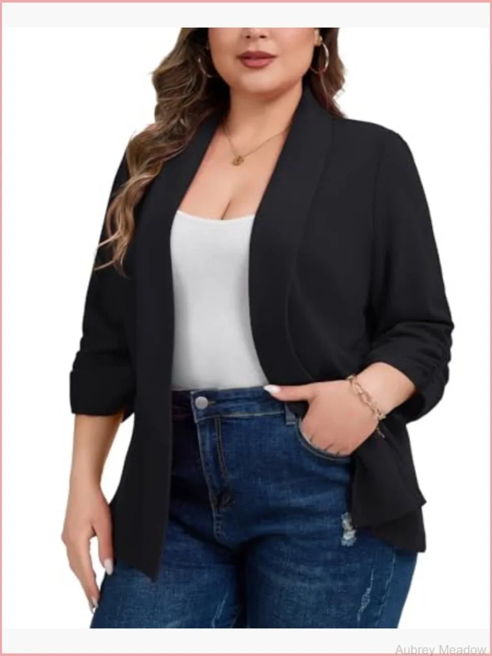 Plus Size Ruched 3/4 Sleeve Blazer Open Front Shawl Collar Suit Jacket
